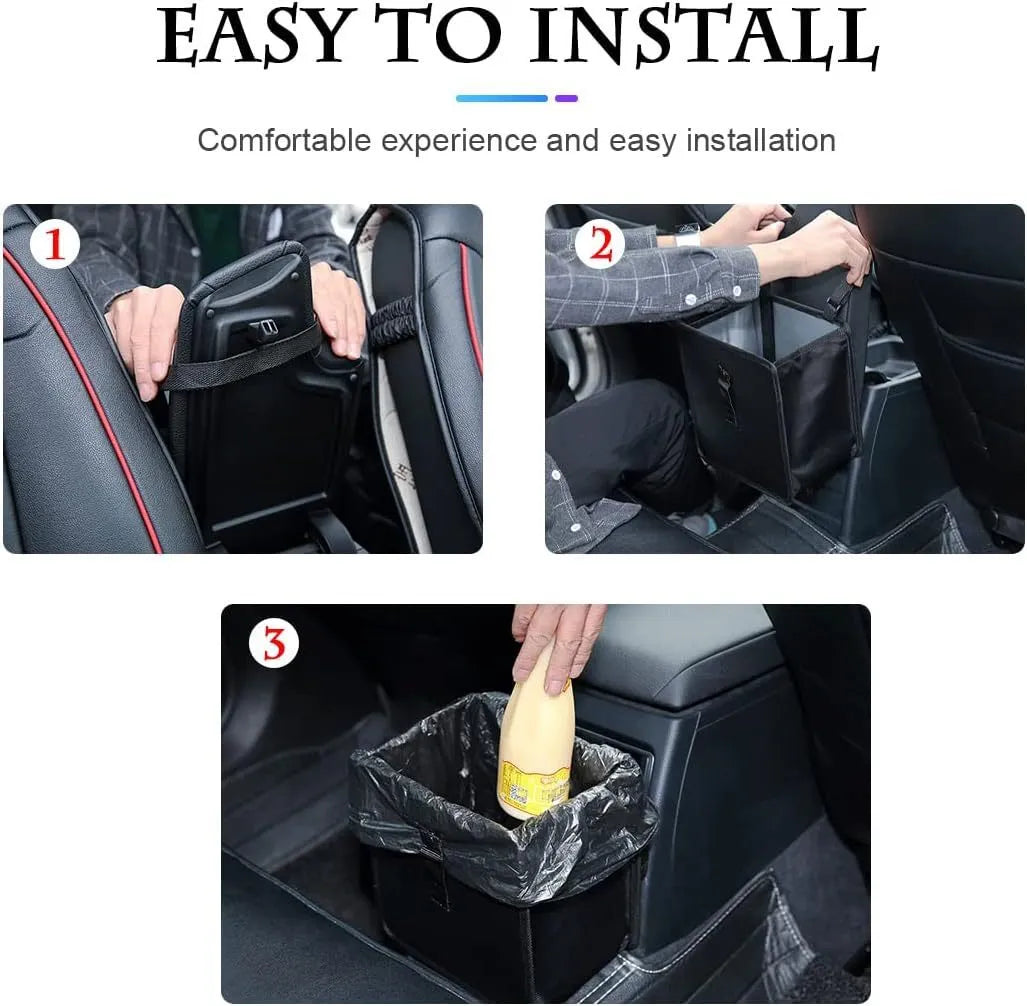 Black car hanging trash can with handle, made from Oxford cloth, shown folded and open