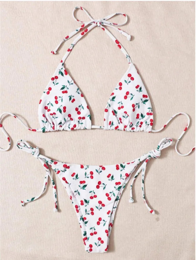 Holiday split halter bikini swimming costume with backless design and solid colour