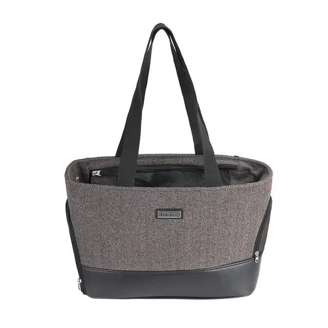 Capsule-shaped pet backpack with mesh windows in beige brown colour