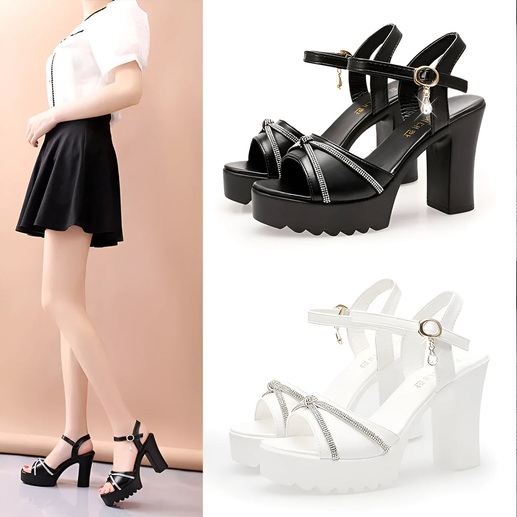 Women's black and white high heel sandals in PU material available in sizes 35 to 42