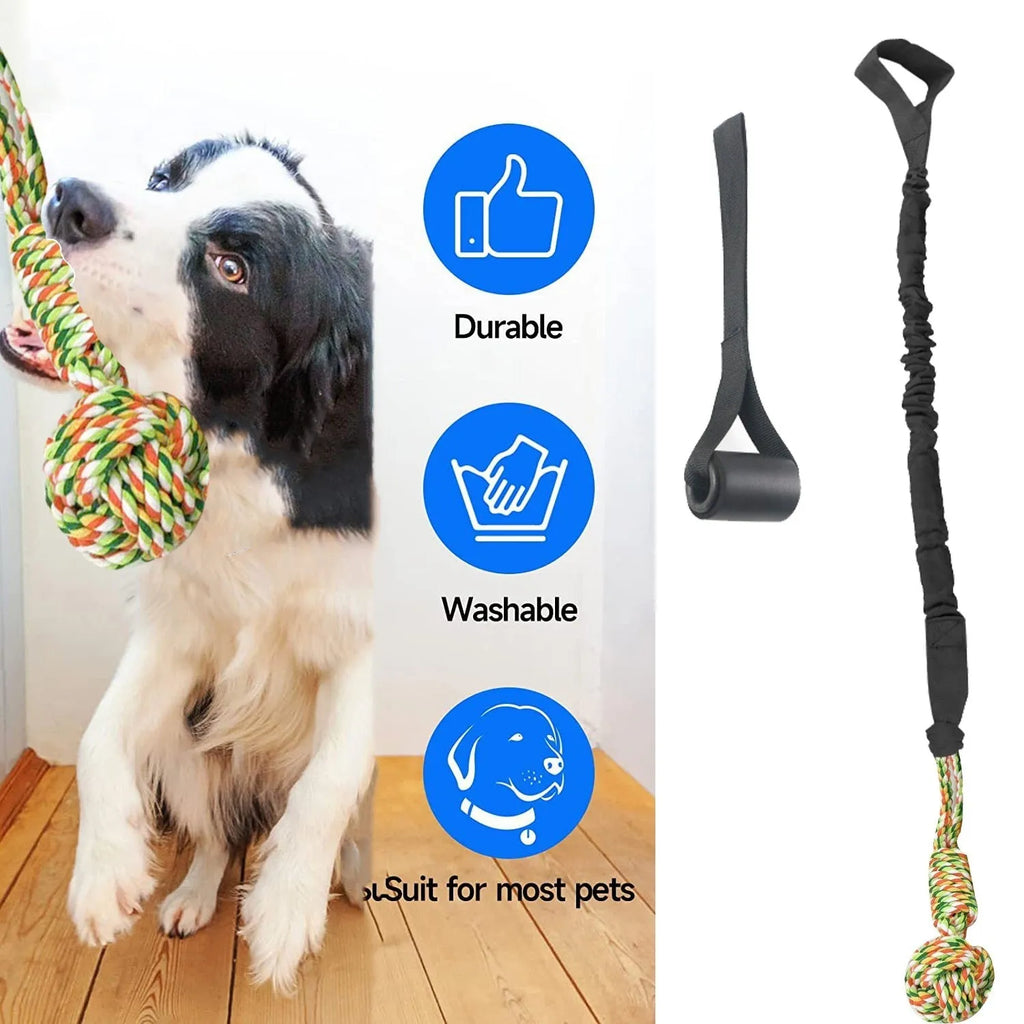 A woven cotton rope dog toy for tug of war and chewing, shown in red.