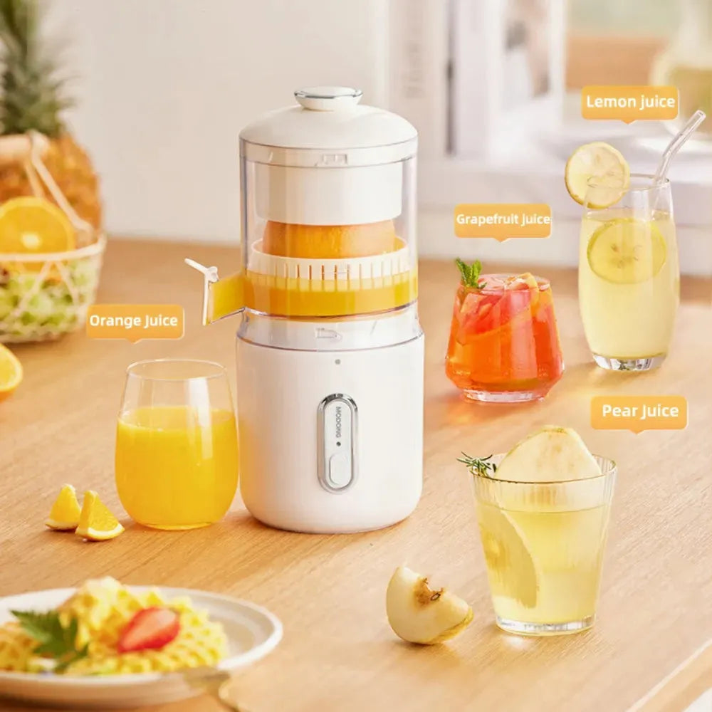 Fresh green portable wireless electric juicer with USB charging port on a kitchen counter.