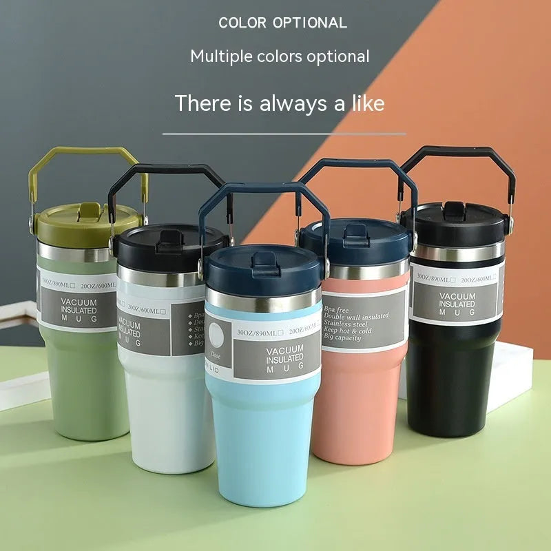 30oz stainless steel travel tumbler with handle and cover in dark pink colour