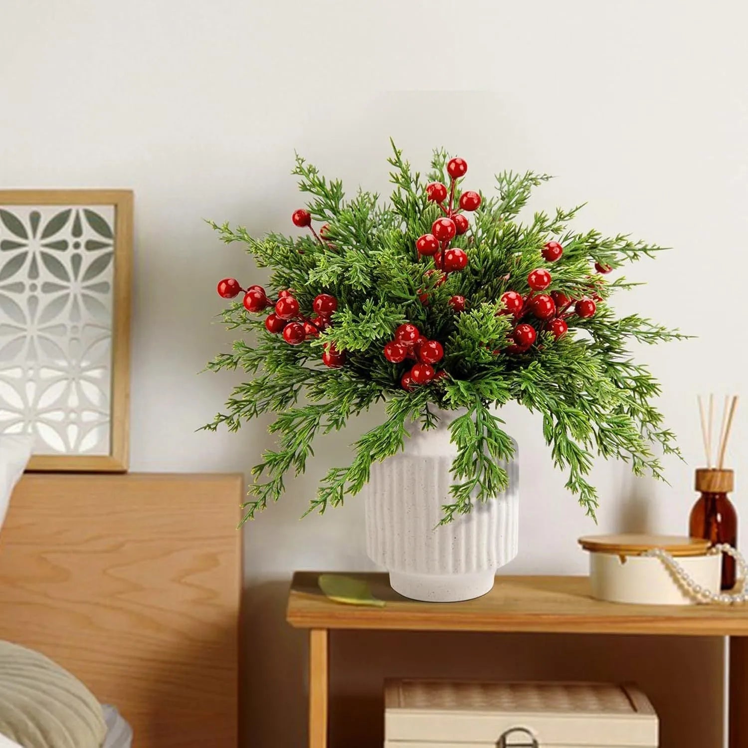 Artificial flower arrangement with 45 plastic stems including green pine branches and red berries at 20cm height