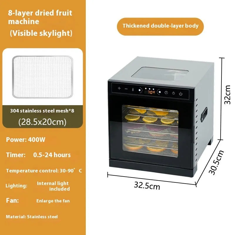 Stainless steel fruit dehydrator with visual skylight and LED control panel