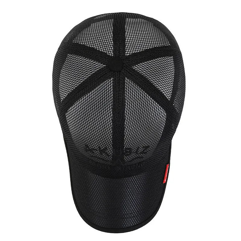 Men's adjustable mesh baseball cap in army green colour showing dome crown and adjustable strap
