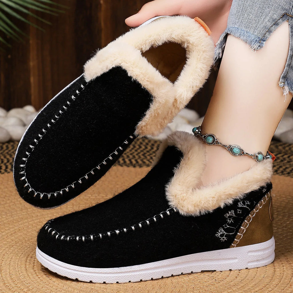 Women's cold-proof cotton boots in black, flat heel, round toe, size 36-46 with PVC sole