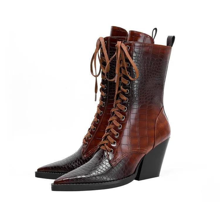 Dark brown women's pointed toe boots with chunky heel and side zip.