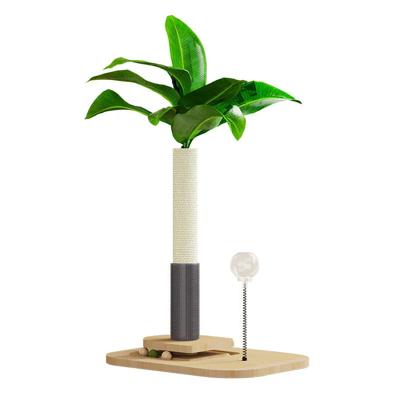Tall wooden cat scratching post in Canna colour with a grab column and food drop ball attachment.