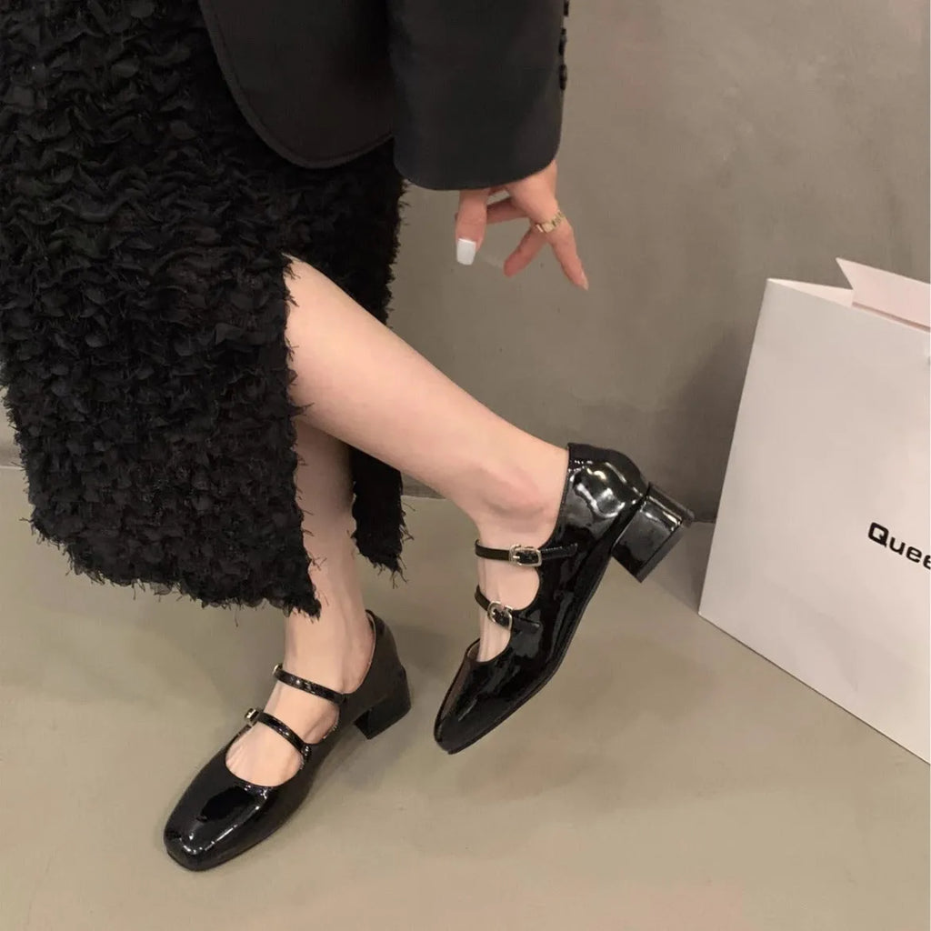 Chunky heel red Mary Jane shoes for women low top square toe PU upper rubber sole solid colour
