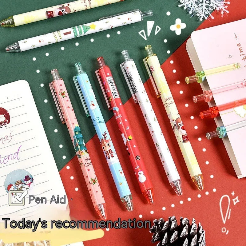 Six Christmas cartoon design plastic gel pens with press mechanisms and black refills