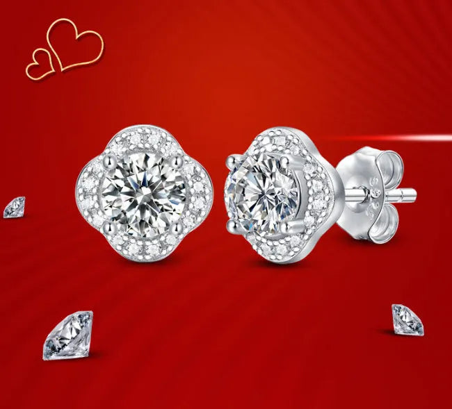 S925 silver flower earrings with two 50-point moissanite stones for women, fresh floral style