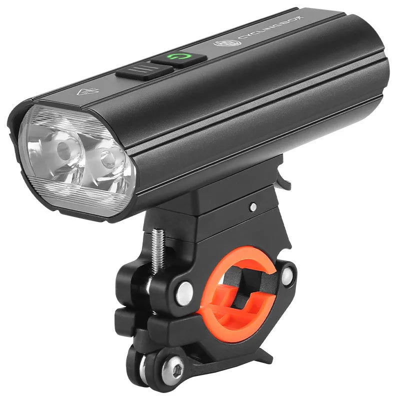 Black rechargeable bicycle light 1800 lumens with aluminium alloy body and POM bracket on handlebar