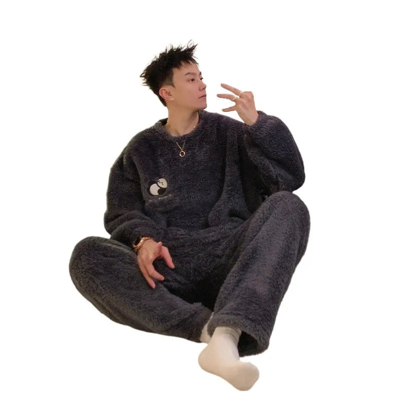 Men's winter flannel pajama suit in jacquard velvet, polyester fibre, pullover style, sizes L to 3XL
