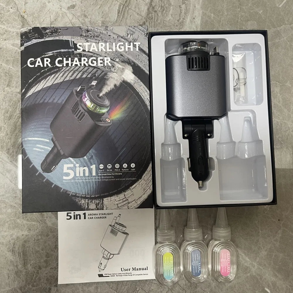 Black-purple multifunctional car phone charger with purple lamp, cigarette lighter plug, one-to-three stretch design, and fast charging.