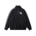American retro casual sports sweater with stand collar in black polyester fabric