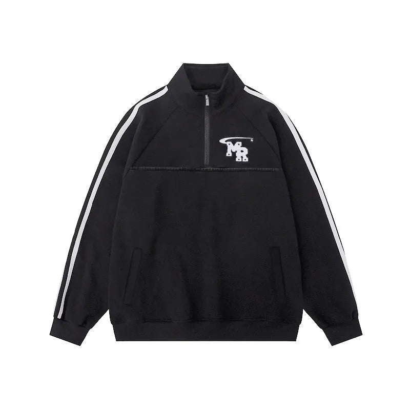 American retro casual sports sweater with stand collar in black polyester fabric