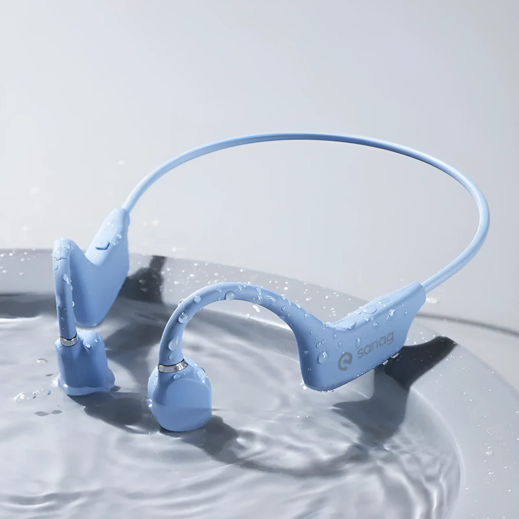 Wireless bone conduction neckband headphones in multiple colours shown worn during exercise.