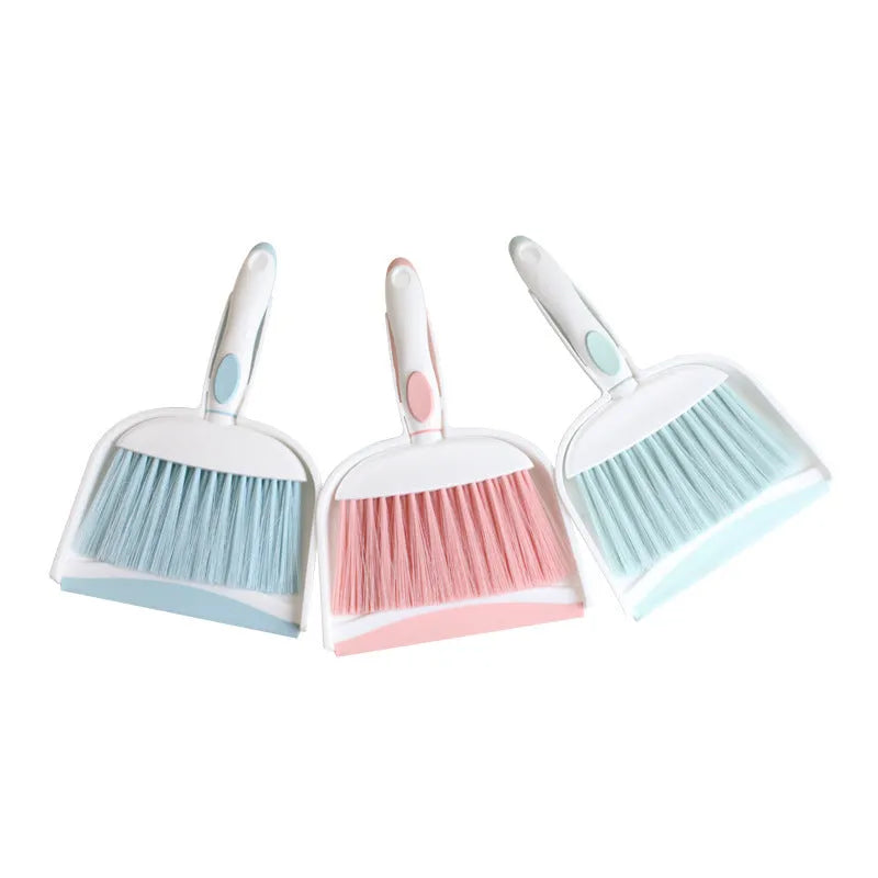 Mini plastic dusting brush and dustpan suit in small size with colour options cherry blossom powder, glacier blue, Nordic green, gray, blue white, and green white
