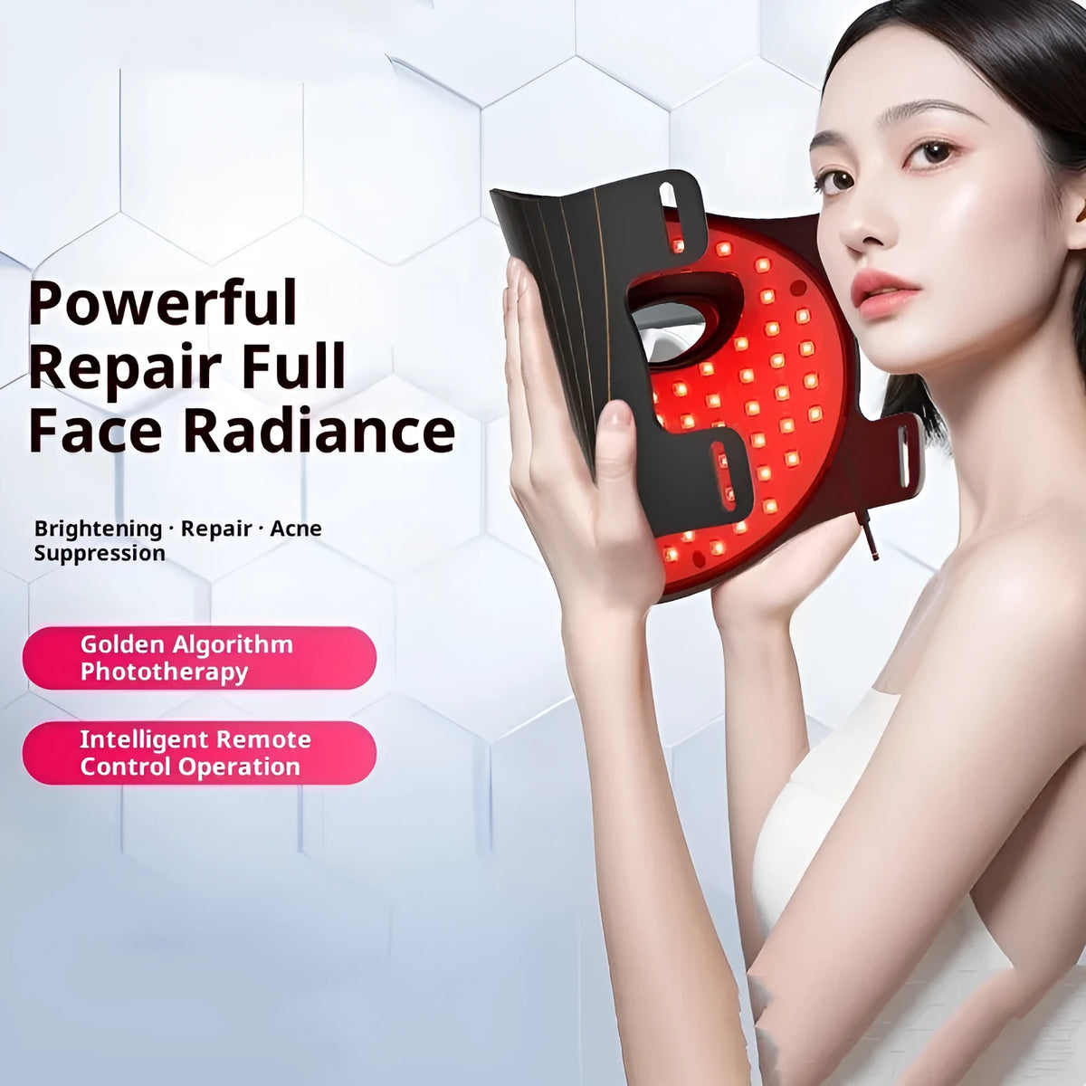 Black rechargeable LED face mask with remote control for red, yellow, and blue light home facial skin care