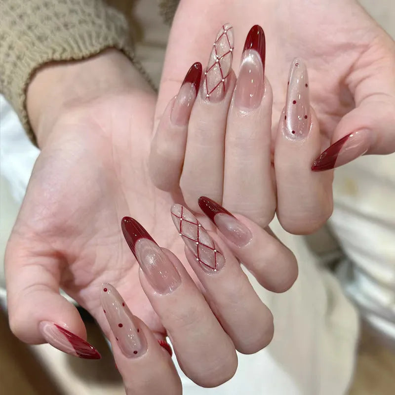 Pink artificial false nails with sweet girl illustrations, sold in sets of 5, 10, or 15.