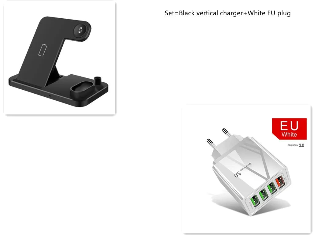 Black 4-in-1 wireless charging station with phone on adjustable magnetic stand, charging Apple Watch, AirPods, and Apple Pencil.