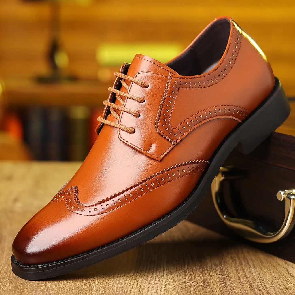 Men's soft-soled casual business formal leather shoes, carved artificial PU upper, black colour, rubber outsole