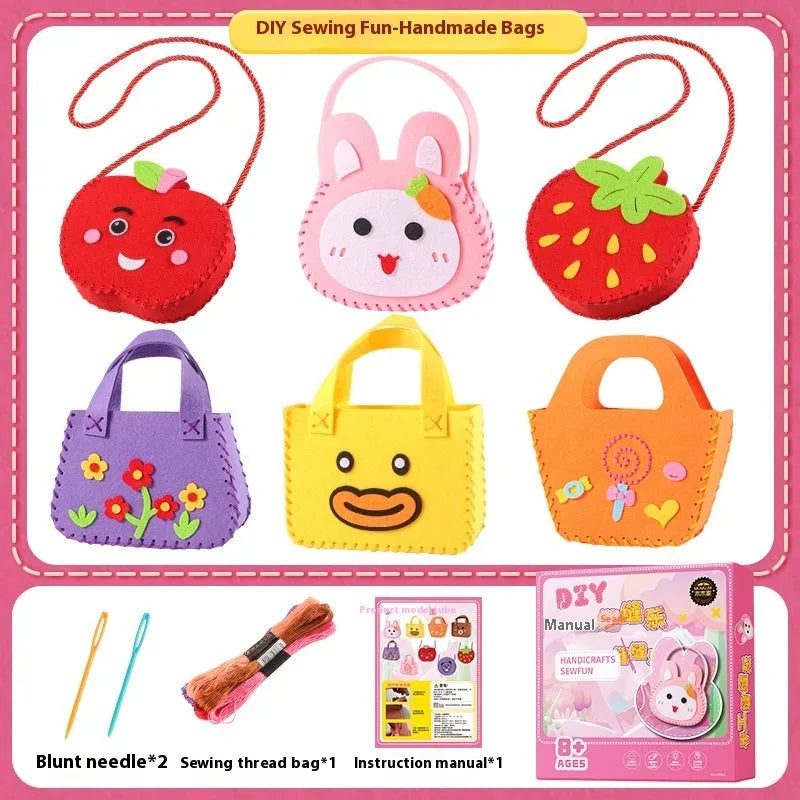 Children's non-woven sewing kit with music theme, cloth pieces, and tools in a colour box measuring 19.5x16x5cm