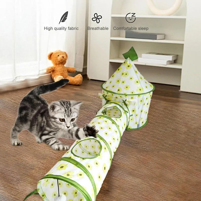 Foldable cat play tunnel in green with a small room and long tunnel section on a white background
