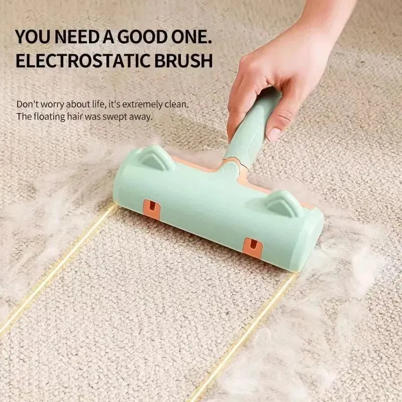Two-way pet hair remover brush with non-slip handle for clothing, sofa, and bed sheets, in grey or green