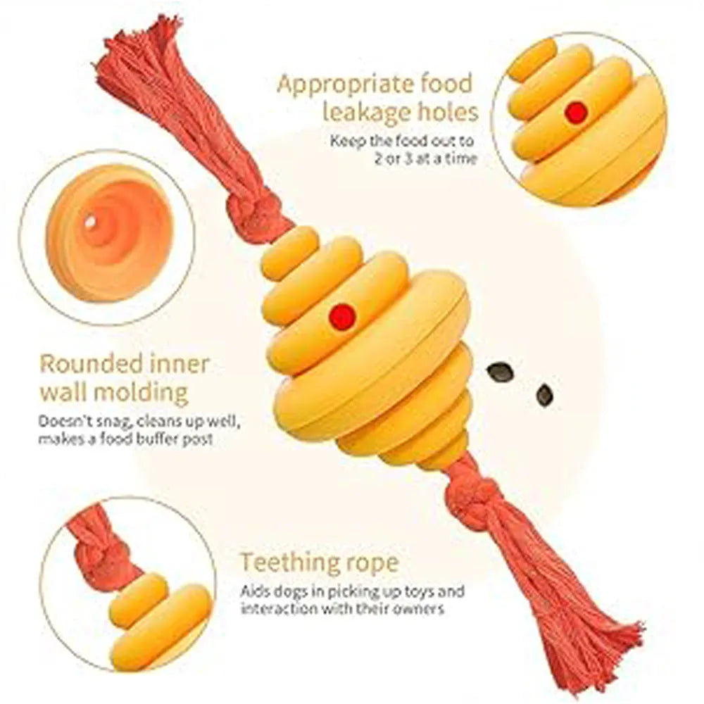 Green and yellow silicone dog ball with rope attachment for food dispensing and tug-of-war games