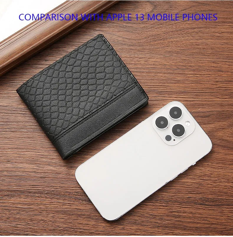Men's black snakeskin embossed short PU leather wallet with card slots and coin pocket