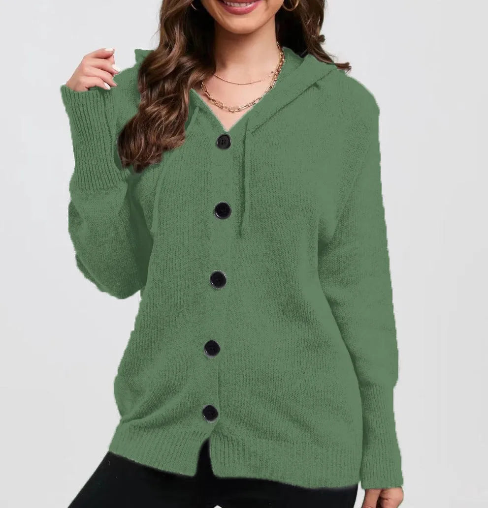 Women's loose fit hooded cardigan in coloured cotton, shown in army green.