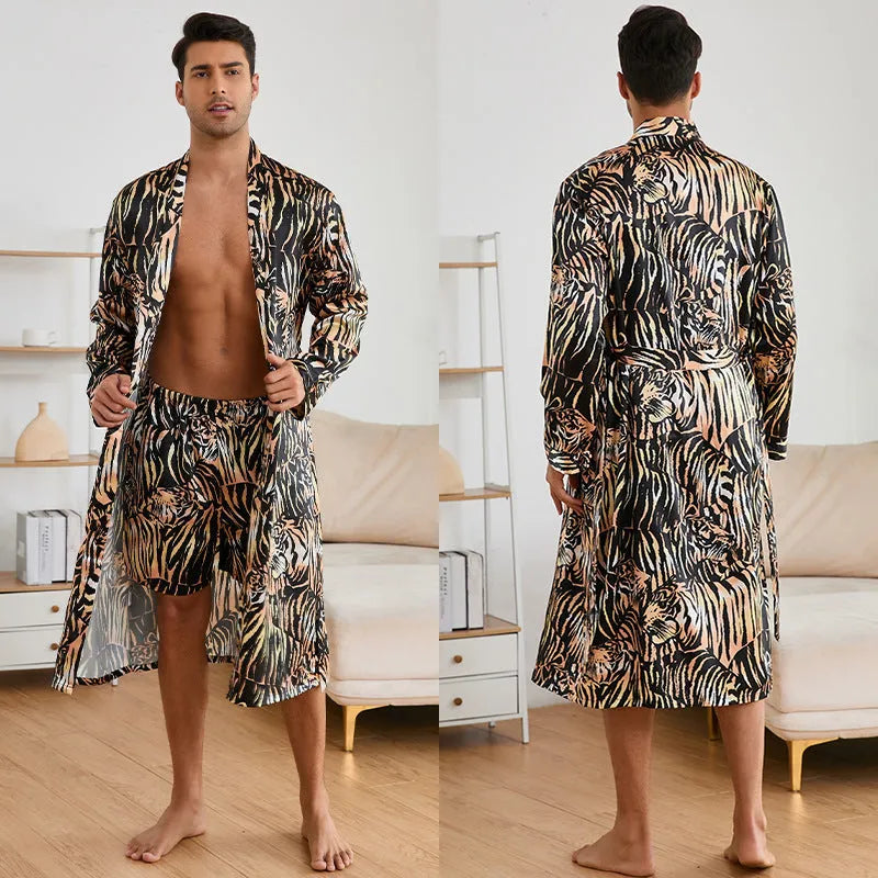 Men's tiger pattern rayon bathrobe set with long sleeve robe and matching shorts