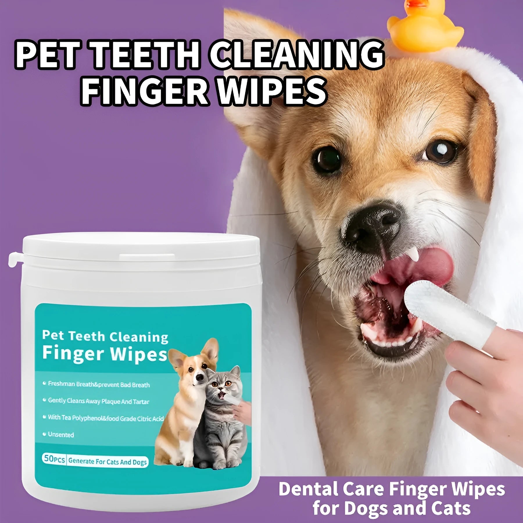 Box of disposable pet cleaning wipes containing 50 ear wipes and 50 tooth wipes for cats and dogs