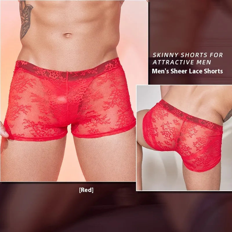 Men's lace boxers in nylon, shown in black, white, and red colours.