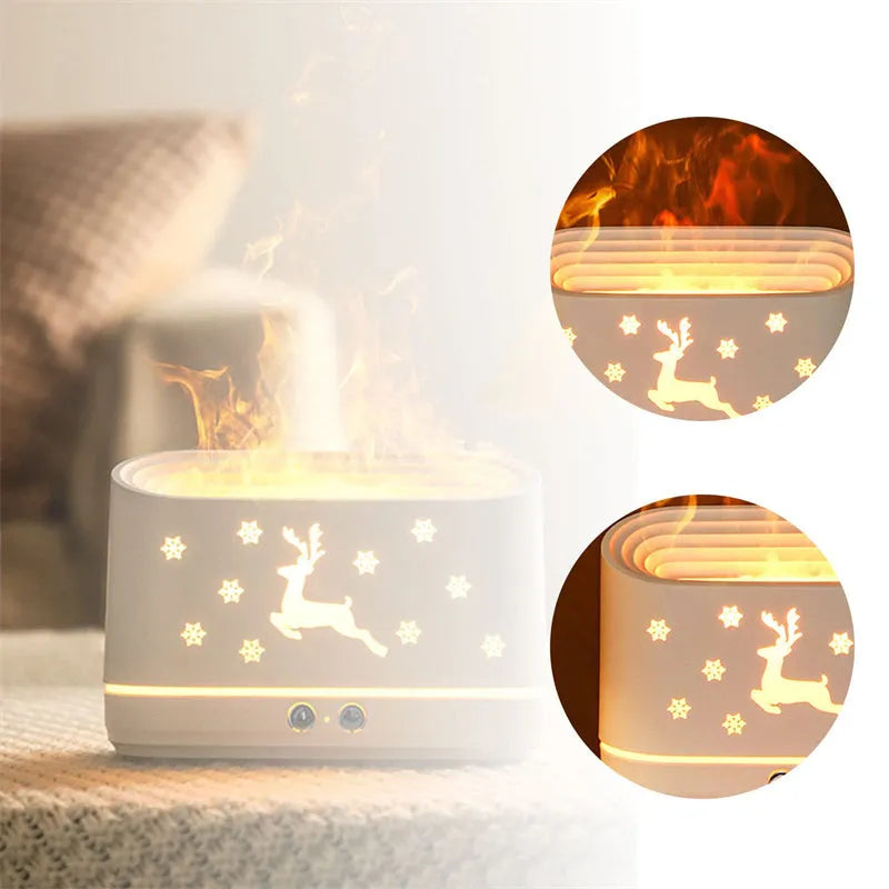 White round Elk flame effect humidifier and essential oil diffuser with USB cable