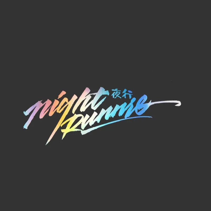 Nightwalker car rear windshield sticker showing text design in black, colourful, or pink on a 20cm or 32cm long decal.