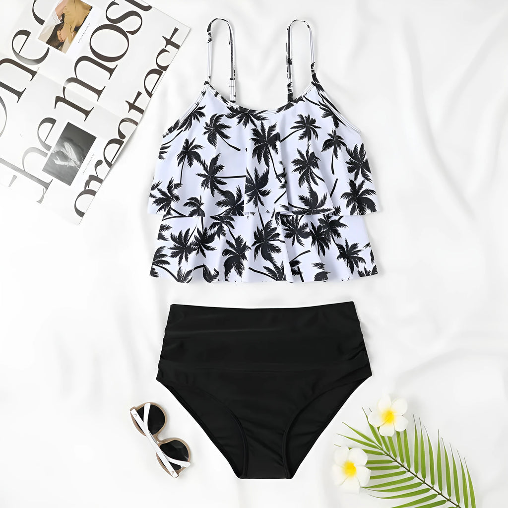 Black and floral print high-waisted women's swimsuit with a double-layer brief.