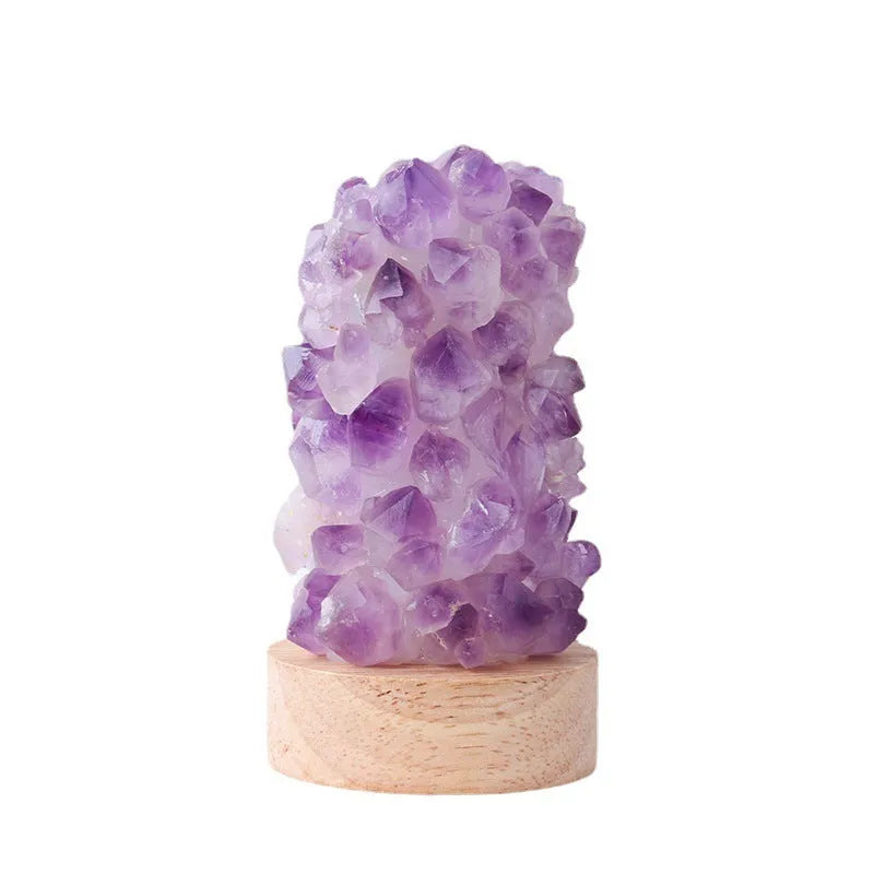 Natural purple amethyst crystal night light with tooth flower vug formation and USB cable
