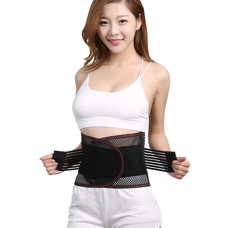 Black sports waist support belt with internal steel plate for lumbar protection, shown with size labels.