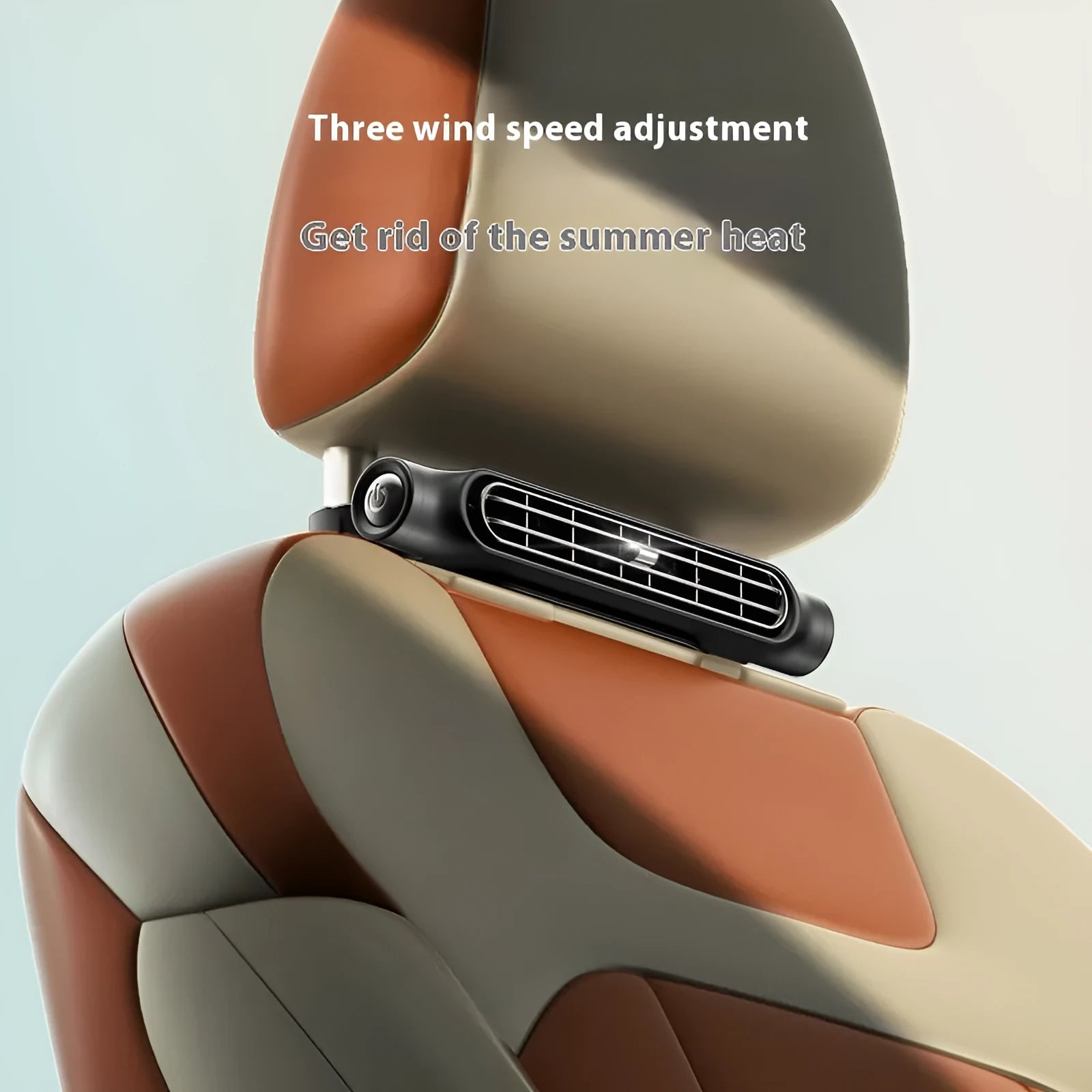 USB-powered black car seat fan attached to headrest with velcro strap, showing button controls.