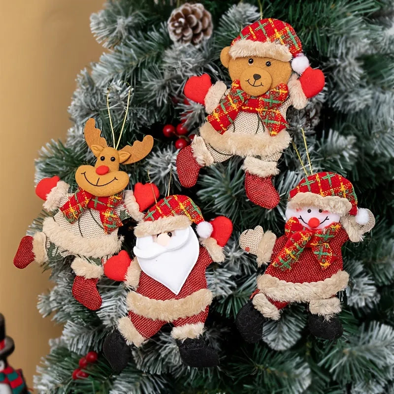 Set of four Christmas tree ornaments featuring Santa, snowman, reindeer and bear figures with red and white scarves