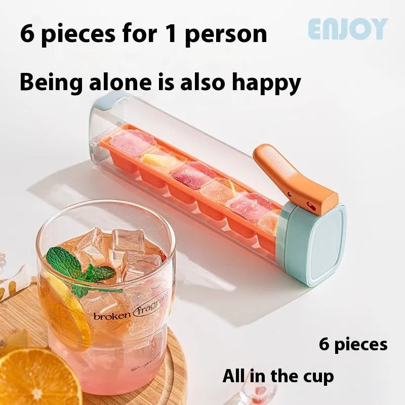 Food-grade plastic ice cube tray with one-touch release and storage box in blue or white.