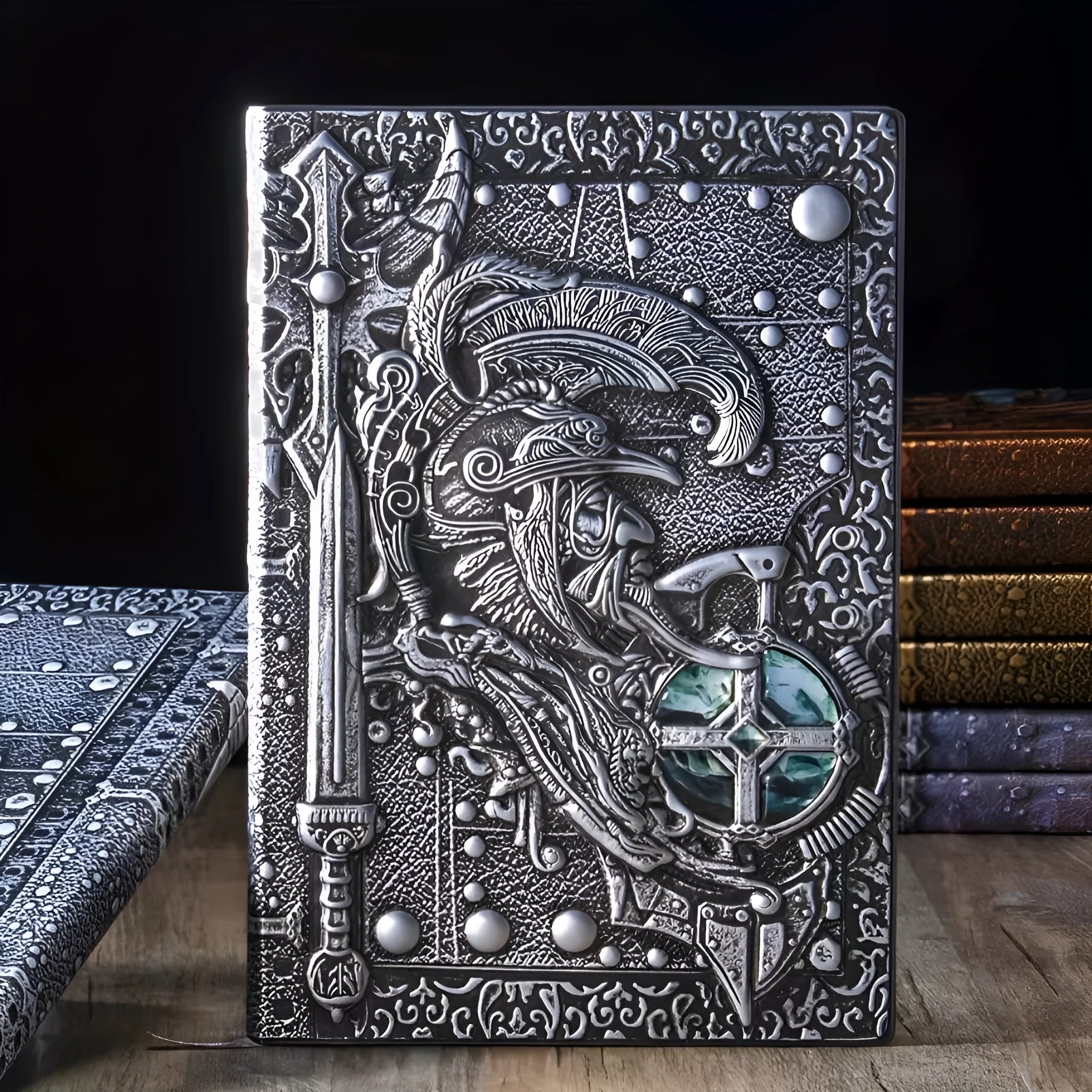A5 leather notebook with embossed 3D warriors relief design on the cover