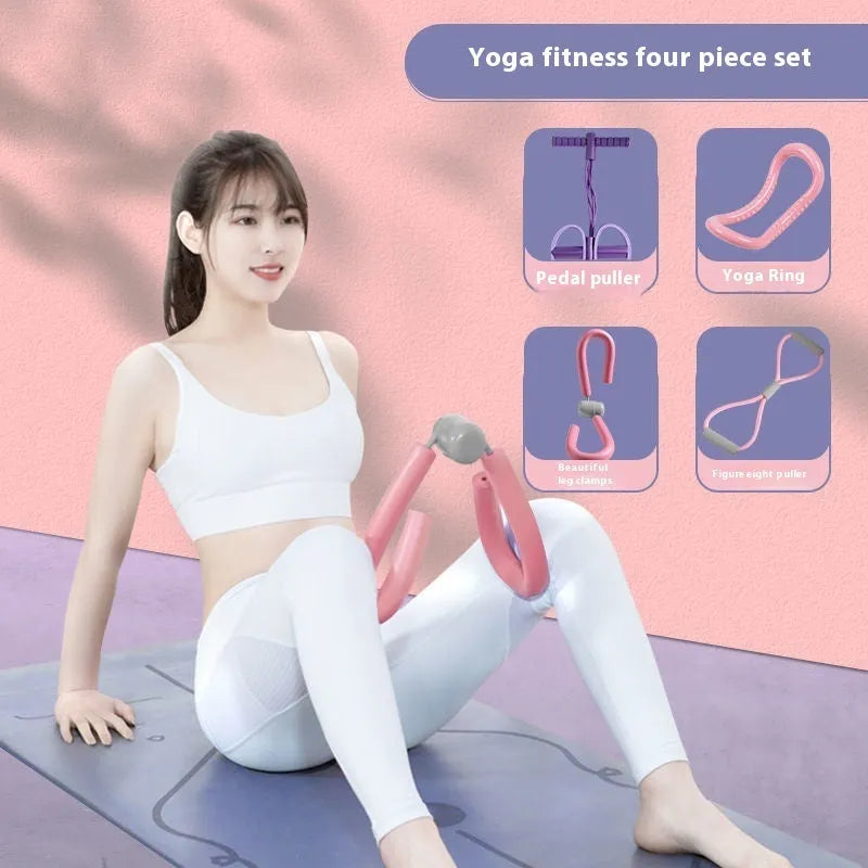 Yoga four piece set showing leg stretching device, yoga ring, pedal tensioner and figure eight tension rope