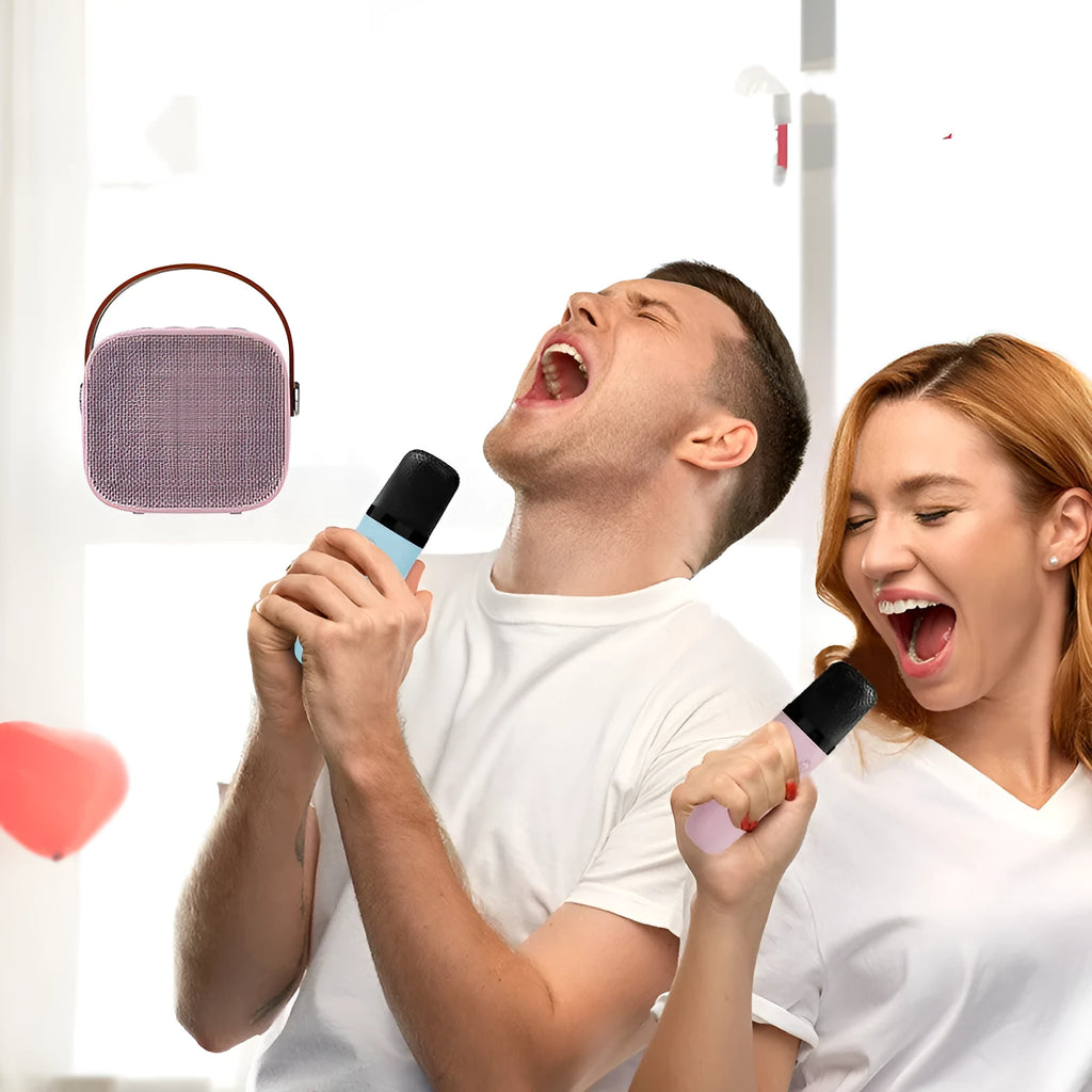 Compact blue, pink or white portable Bluetooth speaker with built-in microphone on a surface.