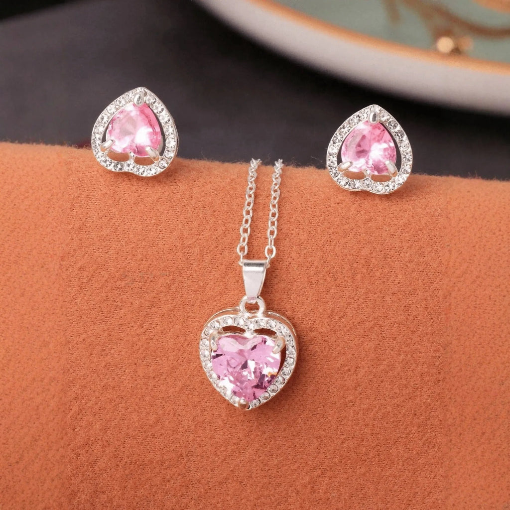 Crystal zircon heart-shaped pendant earring set in pink colour, cubic zirconia stones, stud design, approx 1.5 cm length