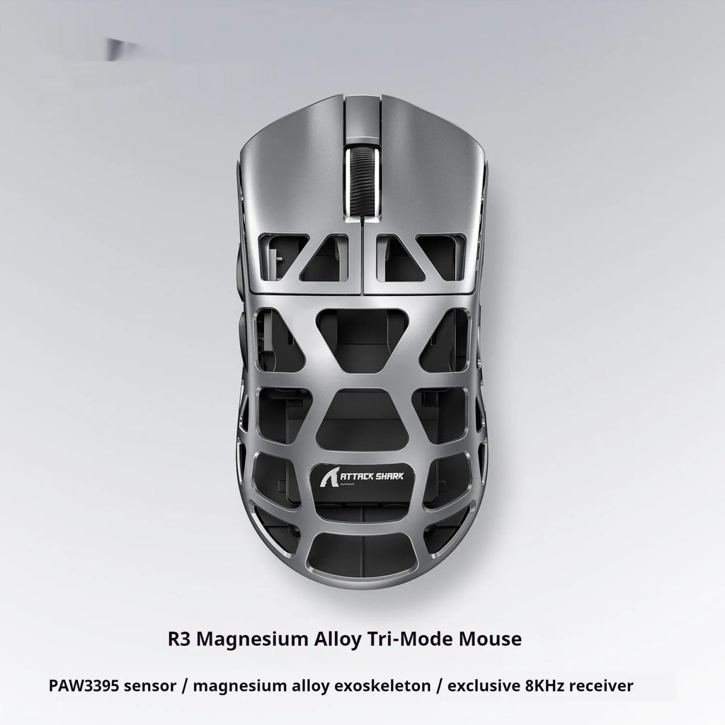 Attack shark R3 magnesium alloy 8k wireless Bluetooth mouse in silver gray with USB receiver and parachute cord line