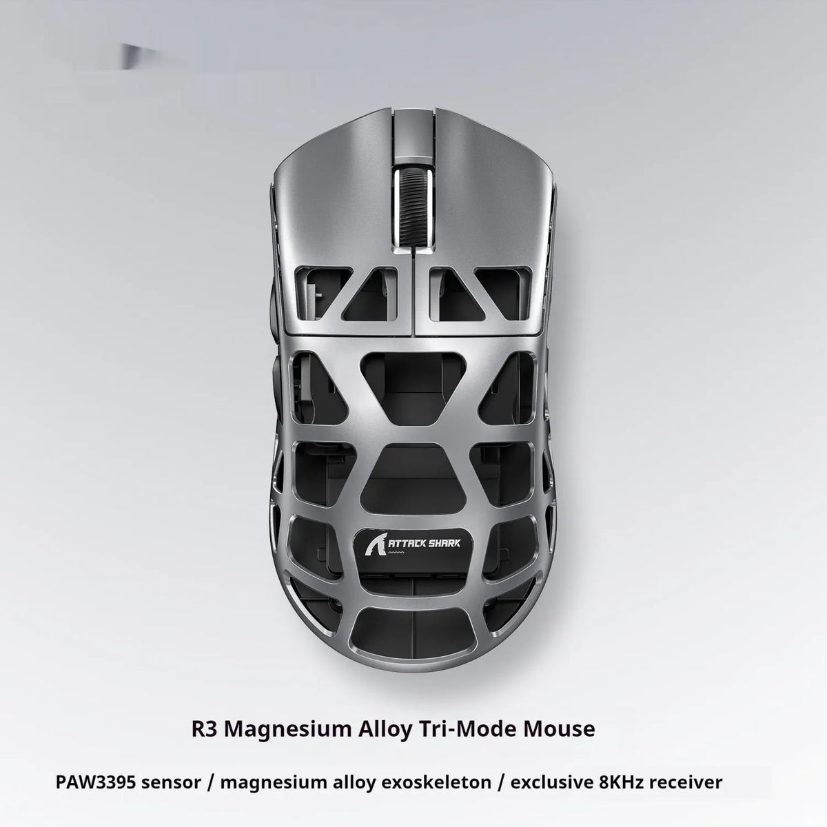 Attack shark R3 magnesium alloy 8k wireless Bluetooth mouse in silver gray with USB receiver and parachute cord line